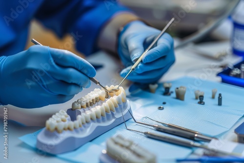 Dental technician dental implants with precision instruments photo