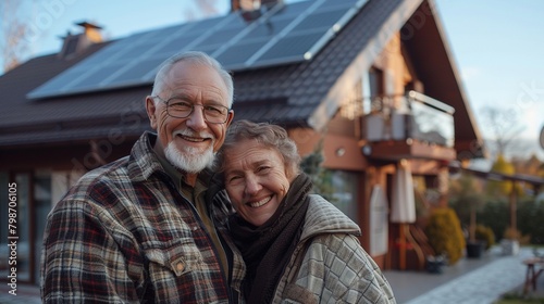 a couple of happy Caucasian pensioners smiling and hugging look at the camera against the background of a house with solar panels on the roof photo
