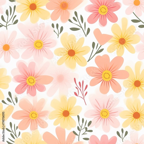 Yellow and pink flowers on a white background. The flowers have multiple petals and a yellow center. The leaves are green with multiple branches.