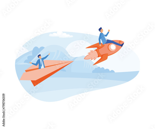 Leadership win business competition, winner or competitive advantage success in work, businessman riding fast rocket to win against other origami airplane. flat vector modern illustration