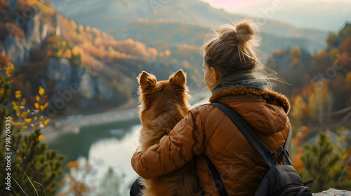 A tourist woman and her best friend dog enjoying the mountain view at a viewpoint in the morning light.