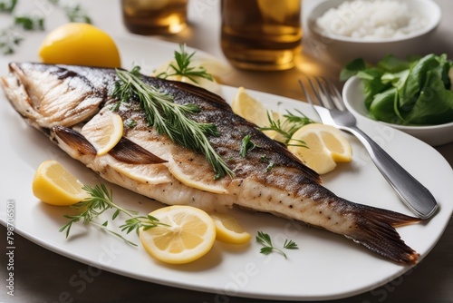 'grilled fish white background preparation isolated topview lemon rosemary omega eatery pepper tasty eating grill spice cooked fried bar-b-q mediterranean up high dorado healthy food meal diet'