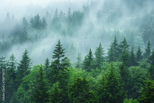 Misty morning in a mountain fir forest with dew-covered trees © Fitry