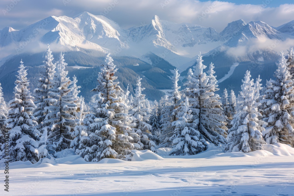 Snow-covered fir trees against a backdrop of snowy mountain peaks