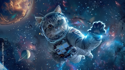 An ashen cat astronaut in a spacesuit floats in outer space among the stars and planets. photo