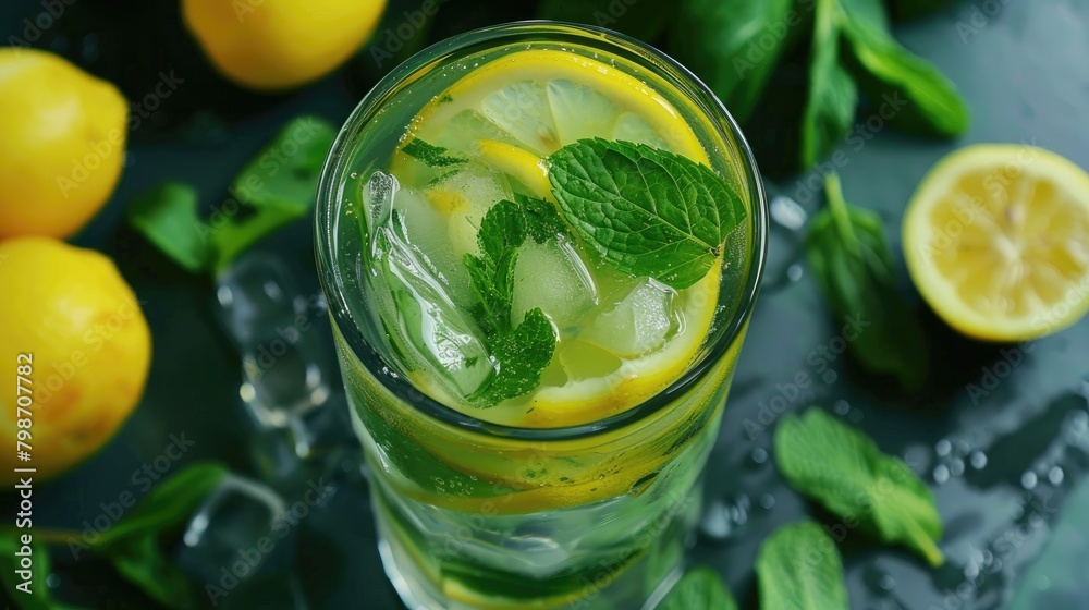 Refreshing lemonade with fresh mint and lemon slices in a glass Perfect summer beverage Refreshing lemonade with fresh mint and lemon slices in a glass Perfect summer beverage