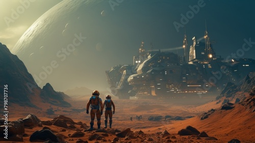 Astronaut explores a futuristic colony on a distant desert planet under an alien sky photo