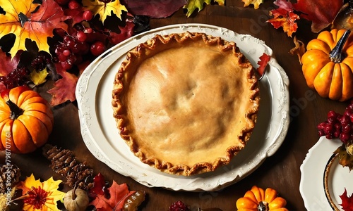 Thanksgiving dinner. Roasted turkey garnished with cranberries on a rustic style table decoraded with pumpkins, vegetables, pie, flowers and candles photo