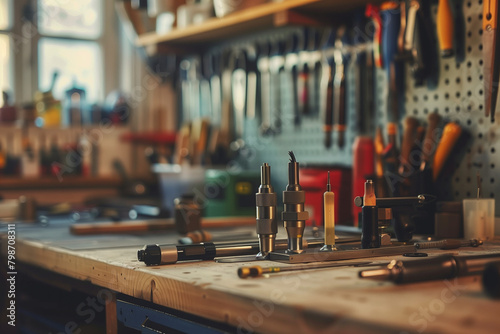 Close-up of precision engineering tools arranged neatly on a workbench photo