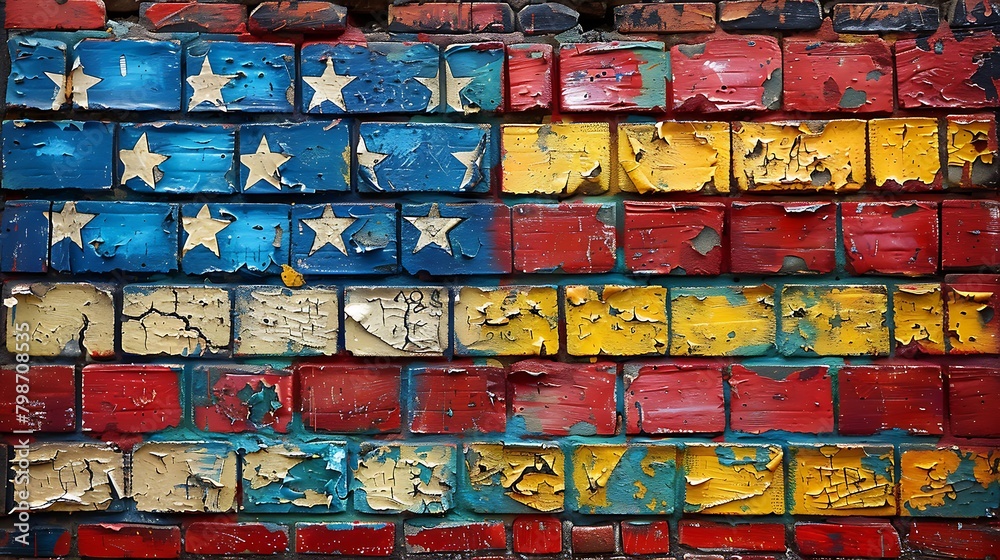 A vivid graffiti-style USA flag painted on an urban brick wall, merging