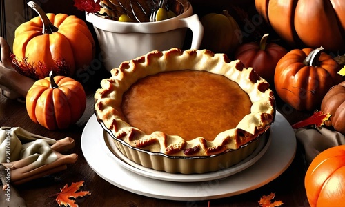 Thanksgiving dinner. Roasted turkey garnished with cranberries on a rustic style table decoraded with pumpkins, vegetables, pie, flowers and candles photo