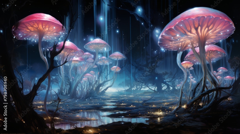 Enchanting alien forest with glowing mushrooms and ethereal atmosphere