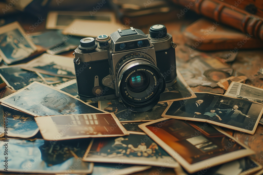 Vintage camera surrounded by scattered photographic negatives