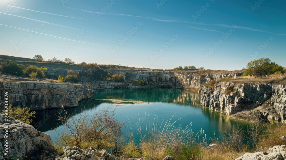 A picturesque limestone quarry sits beneath the vast expanse of a clear blue sky