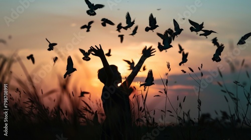 The silhouette of an individual at dusk, birds taking flight from their hands, a powerful metaphor for letting go and finding peace in nature's embrace.