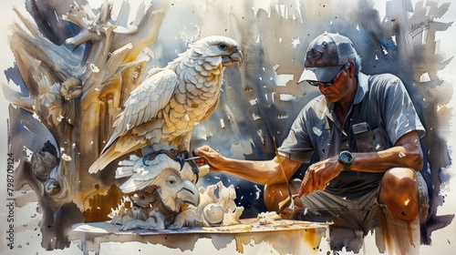 A man is carving a wooden sculpture of a parrot.