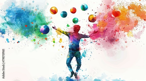 A man juggling balls of paint in watercolor style. photo