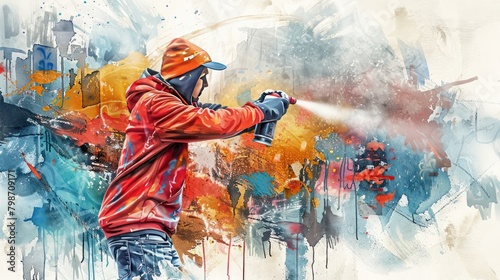 A graffiti artist is spraying a wall with a spray can.
