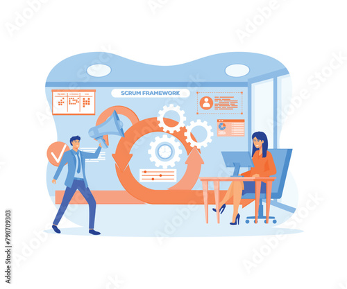 Scrum framework, Software development methodology Process diagram. Labeled agile software development scheme concept, Task sprint teamwork explanation. flat vector modern illustration
