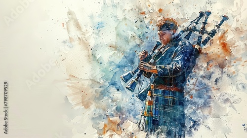 A watercolor painting of a man playing the bagpipes. photo