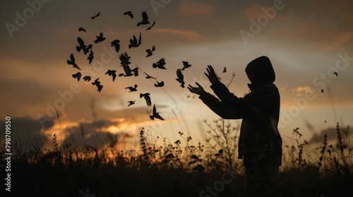 The silhouette of an individual at dusk, birds taking flight from their hands, a powerful metaphor for letting go and finding peace in nature's embrace.