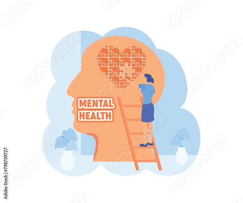 Mental health concept. A girl making heart jigsaw in brain. World mental health day. Psychological therapy and treatment flat design. flat vector modern illustration