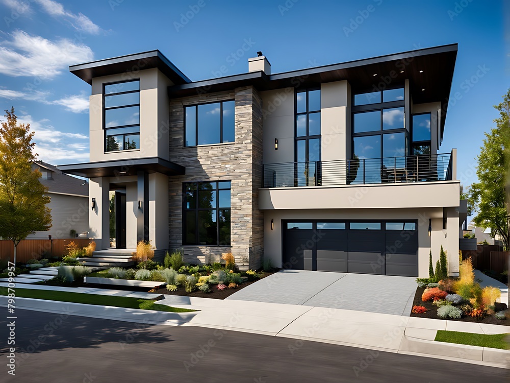  The typical exterior appearance of a freshly constructed contemporary suburban residence is against a vibrant blue sky. 