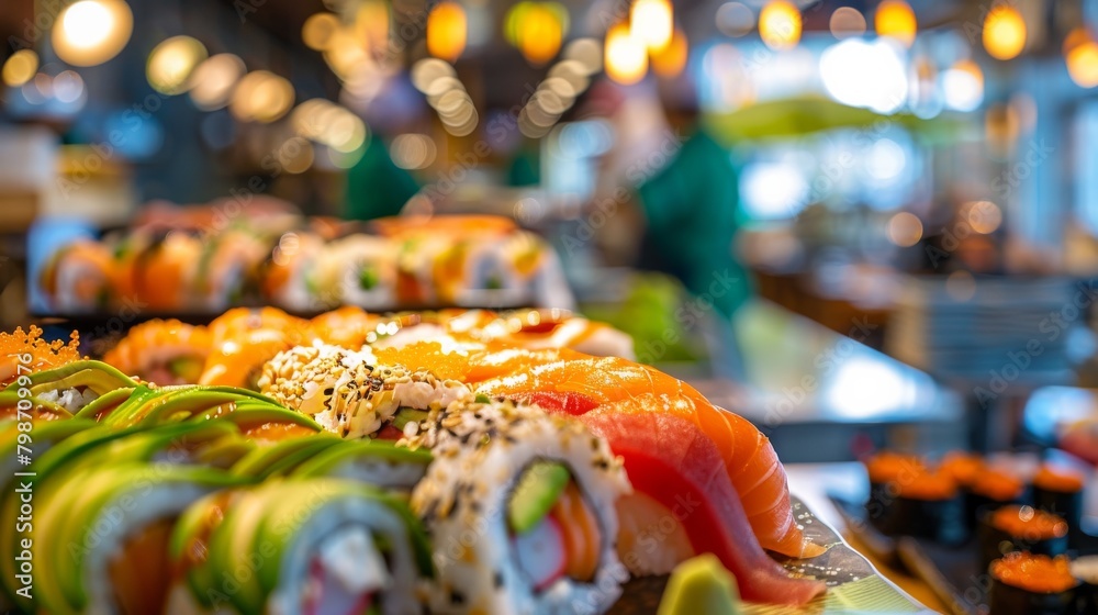 A colorful sushi platter, with a blurred background of bustling sushi bars and skilled sushi chefs -