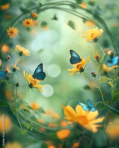 Flowers garden with yellow blossom Cosmos flowers and blue butterflies in morning light, summer flower theme, spring time theme. © Maizal