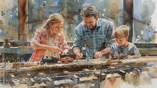 A family is building a model train set together.