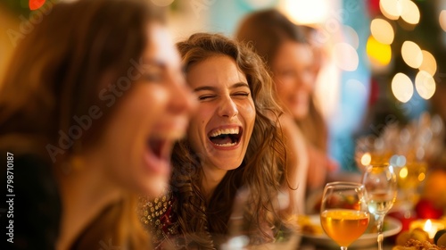 A group of friends laughing and enjoying a potluck dinner, with a blurred background of a festive ta