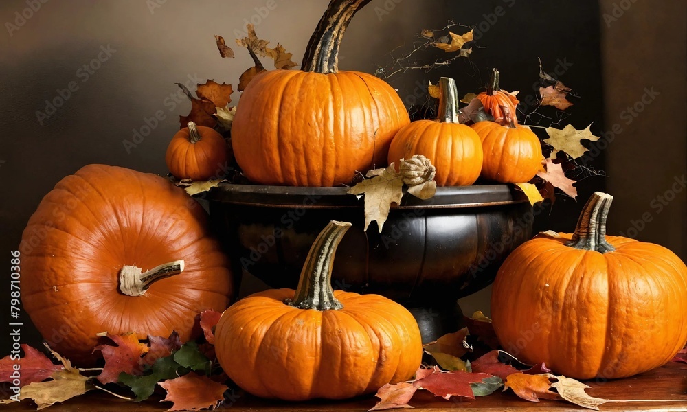 Thanksgiving Celebration - Pumpkins On Rustic Table With Corncobs Apples And Ears Wheat