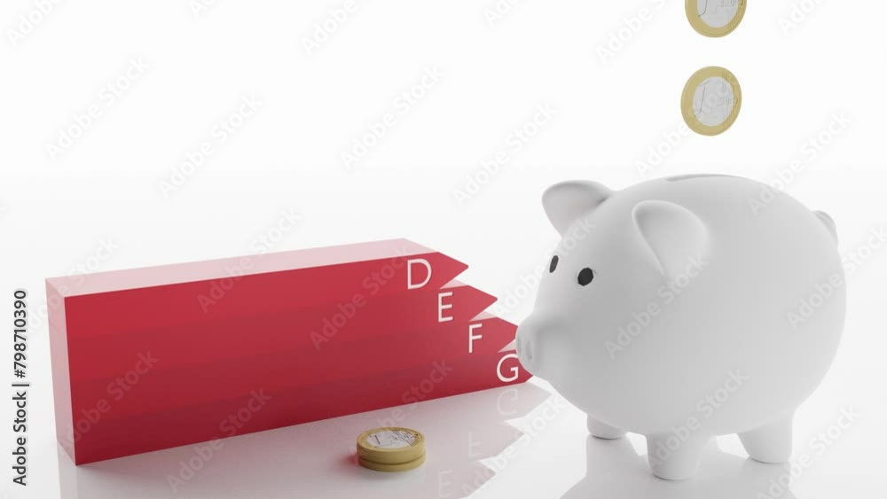 Filmato. Illustrazione 3D. Classe di efficienza energetica. Risparmio energetico. All'aumentare della classe di risparmio energetico di elettrodomestici aumenta il risparmio.