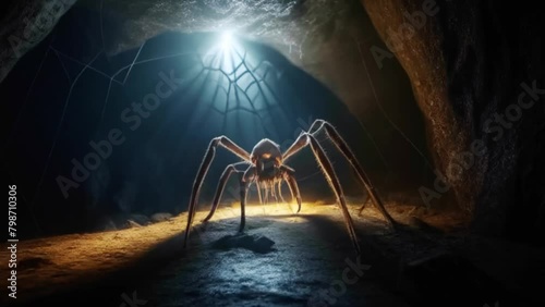 giant spider in cave, fantasy underworld, creepy cavern with monstrous spider, generative AI photo
