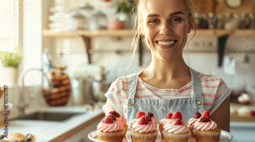 A joyful woman holding a tray of homemade cupcakes  with a blurred background of a sunny kitchen and
