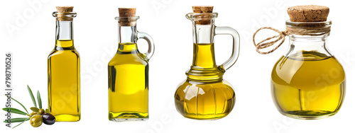 Set of virgin olive oil on the jars or bottle, isolated on transparent background