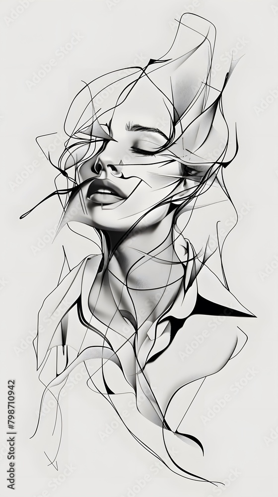 Fototapeta premium A beautiful woman's face blind contour continuous line AI Generated