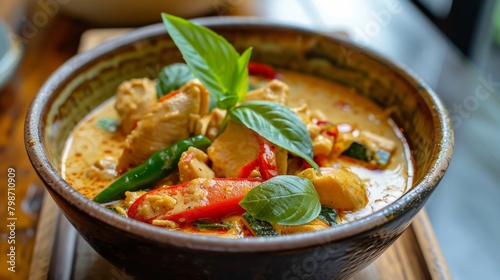A refreshing bowl of creamy coconut curry, filled with tender chunks of chicken, crisp vegetables, a