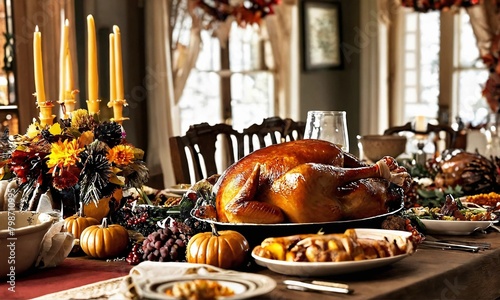 Thanksgiving Celebration - Pumpkins On Rustic Table With Corncobs Apples And Ears Wheat photo