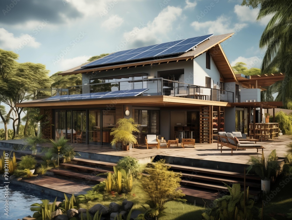 Fototapeta premium Modern Home with Solar Panels at Sunset in a Tropical Locale