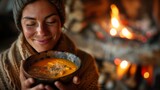 A smiling woman holding a bowl of comforting soup, with a blurred background of a cozy fireplace and