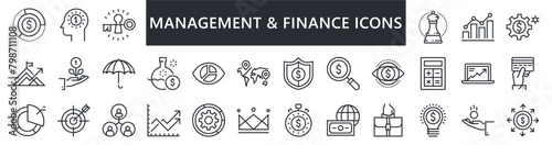 Finance icon set. With Concepts like Profit, Losses, Stock, Tax, Exchange, Budget, Funds, Earnings, Money and Revenue icons. Blue Colored Outline Icons Collection.