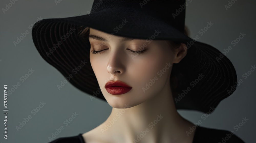 A serene portrait of a model lost in thought, the black hat framing her face like a halo, the simplicity of the setup allowing her natural beauty and refined makeup to take center stage. A serene portrait of a model lost in thought, the black hat framing her face like a halo, the simplicity of the setup allowing her natural beauty and refined makeup to take center stage.