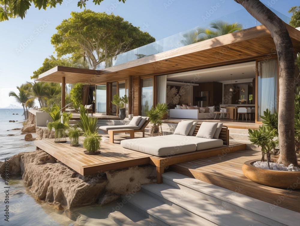 Fototapeta premium Guests enjoy a sunny day at a luxurious beachfront villa