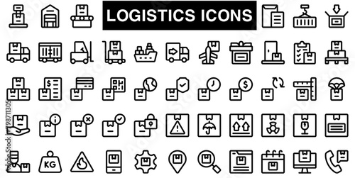Set of line icons related to supply chain, value chain, logistic, delivery, manufacturing, commerce. Outline icon collection. Vector illustration. Editable stroke