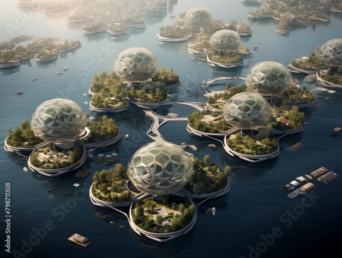 Futuristic Spherical Structures in a Serene Aquatic Landscape at Dawn photo