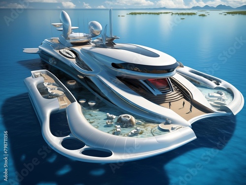 Guests Enjoy a Futuristic Yacht in Serene Tropical Waters photo