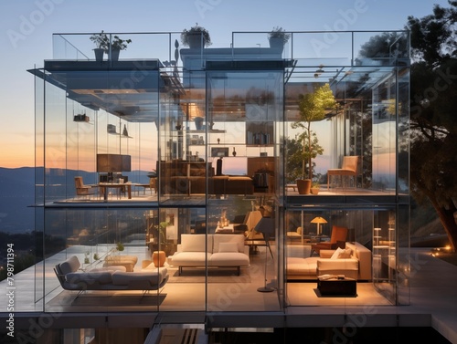 Guests Enjoy a Sunset from a Modern Glass House in the Hills