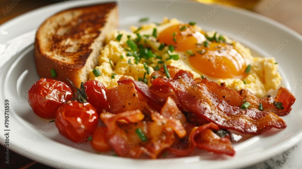 A tempting plate of fluffy scrambled eggs, served with crispy bacon, buttery toast, and roasted toma A tempting plate of fluffy scrambled eggs, served with crispy bacon, buttery toast, and roasted toma