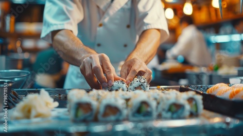 A sushi chef skillfully rolling sushi rolls, with a blurred background of a traditional Japanese sus photo
